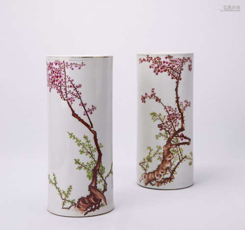 Pair of Chinese Famille Rose Porcelain Hat Vases