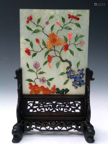 Chinese Jade and Precious Stone Decorated Table Screen