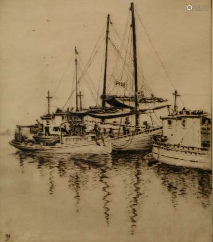 Fishing boats at Rockport etching signed by Benton B.