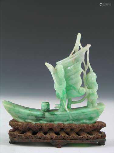 Antique Chinese Carved Natural Jadeite Junk with Wood