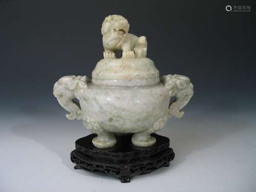 Chinese Carved Jade Incense Burner with Foo Dog Figure