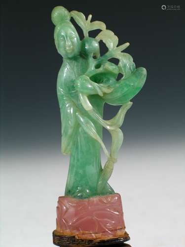 Chinese Carved Green Jadeite Meiren, Tourmalion and