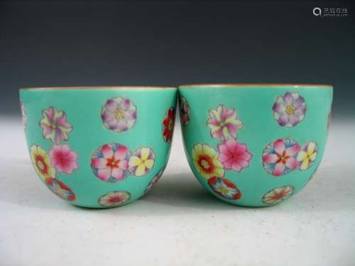 Pair of Chinese Famille Rose Porcelain Cups, Marked.