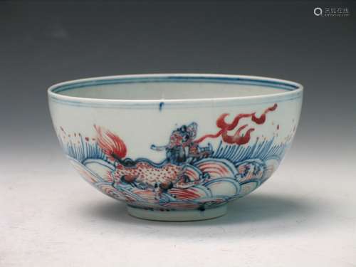 Chinese Underglaze Blue and Red Porcelain Bowl, Kangxi