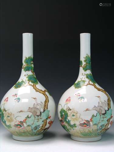 Pair of Chinese Famille Rose Porcelain Vases, Marked.