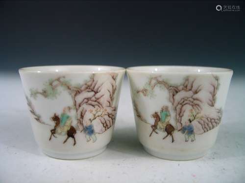 Pair of Chinese Famille Rose Porcelain Cups, Marked.