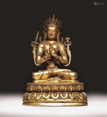 西藏 铜鎏金文殊菩萨像