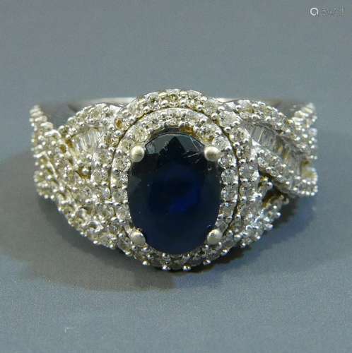 STUNNING 14K WHITE GOLD NATURAL SAPPHIRE & DIAMOND RING