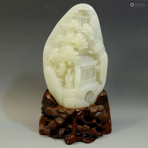 ANTIQUE CHINESE CARVED HETIAN JADE MOUNTAIN - QIANLONG MARK