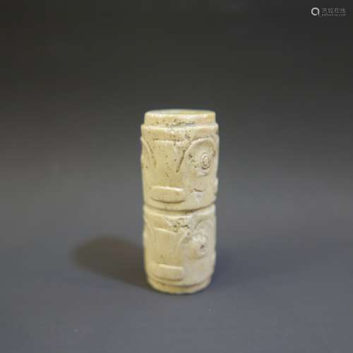 ANTIQUE CHINESE CARVED JADE TUBE PENDANT - NEOLITHIC PERIOD