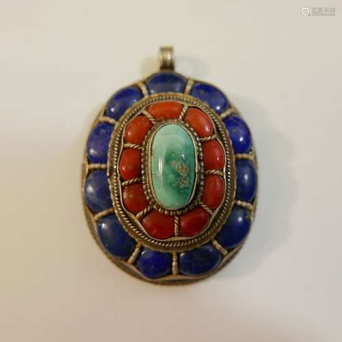 CHINESE TIBETAN STERLING SILVER CORAL TURQUOISE LAPIS LAZULI PENDANT