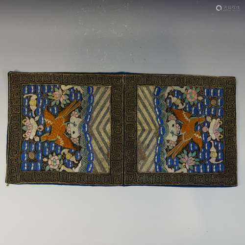 PAIR ANTIQUE CHINESE SILK RANK BADGE - QING DYNASTY