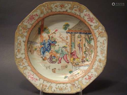 ANTIQUE Chinese Famille Rose Shallow Bowl with courtyard figurines, late 18th century.  9 1/4