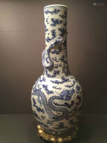 ANTIQUE Chinese Large Blue and White Vase with Dragon on Brass base, late 19th Century. 24 1/2