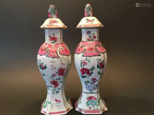 ANTIQUE Pair Chinese Famille Rose Covered vases, early 18th C, Yongzheng period