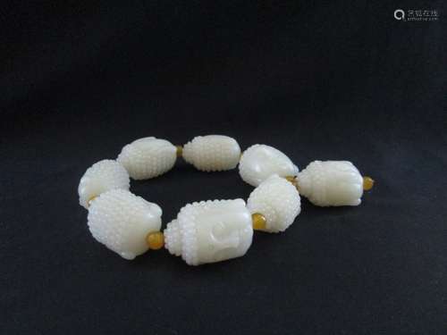 Old Chinese White Jade Bracelet. 8.5 cm long. Each bead: 2.5cm x 1.8cm x 1.8cm