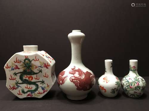 OLD Chinese Famille Rose Dragon Bottle and vases, marked