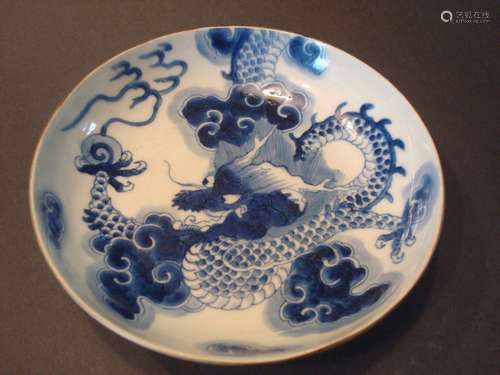 ANTIQUE Chinese Blue and White Dragon Shallow Bowl, Kangxi marked and period. 6 1/2