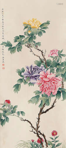 温其球 花鸟 立轴 设色绢本