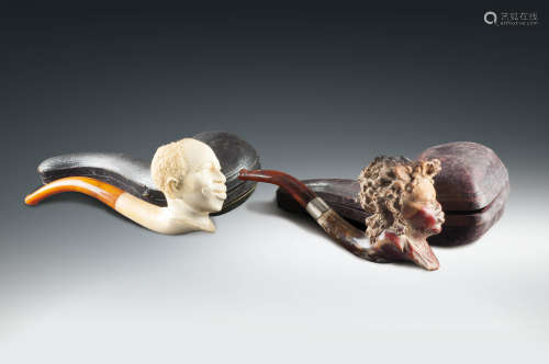 十九世紀 · 木雕西洋人物頭像蜜蠟咀煙斗一組两件