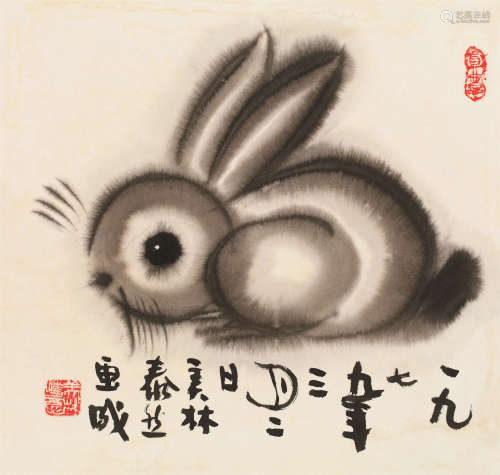 1979年作 吉祥兔 镜片 水墨纸本韩美林