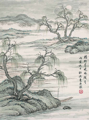 吳鈺池 - 楊柳岸 (張韶石學生) 紙本 鏡片