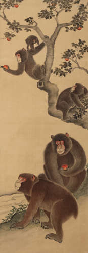 佚名 猿猴摘果图 挂轴 设色绢本