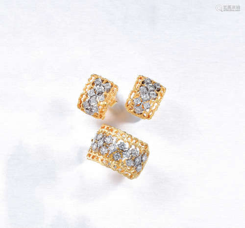18K黄白金镶钻石戒指及耳环 （一套）