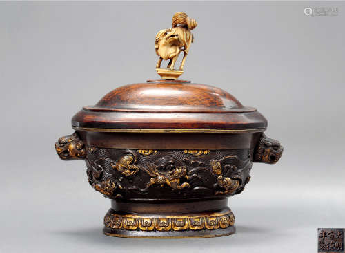 清早期 铜鎏金海兽花式炉
