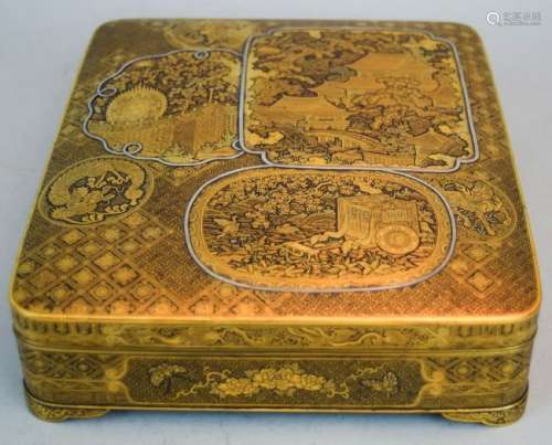 Komei Damascened box. Japan. Meiji period. Iron with gold and silver inlay. Designs of a palace, imperial carriage, a garden with reserves of phoenix kylin and a dragon, birds and flowers on various brocade grounds. Signed. 9