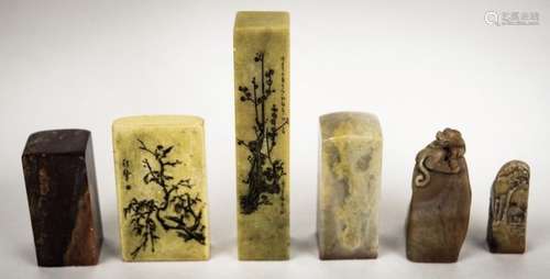 Lot of 6 soapstone seals. China. 20th century. Engraved surfaces on two. Two carved, two plain. 3-3/4