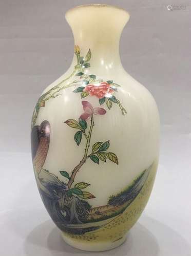 Chinese Glass Porcelain Vase, Depicted Flower&Bird