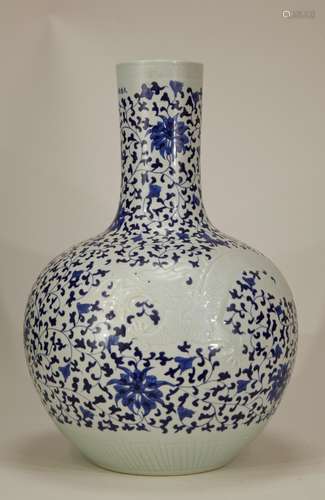 Chinese Blue&White Lotus Designed w/ Dragon,Marked