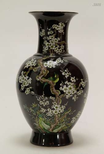 Chinese Black Glazed Porcelain Vase w/Birds Design