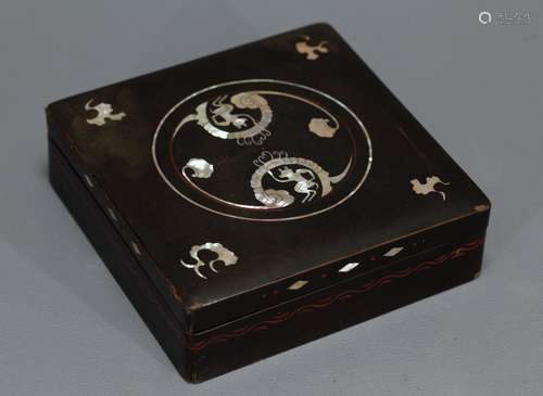 Chinese Wood Carved Box Mounted w/ Mother of Pearl