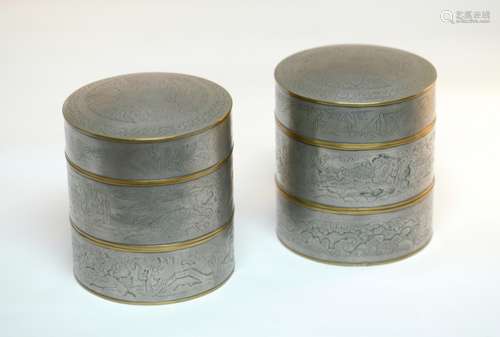 Pair of Chinese Pewter Multi-Layer Boxes