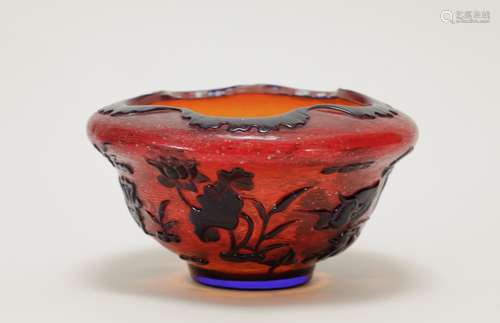 Chinese Red Overlay Glass Bowl, Marked