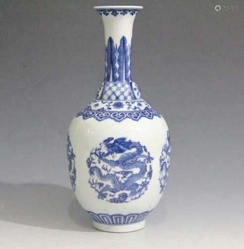 Chinese Blue/White Porcelain Dragon Vase, Marked