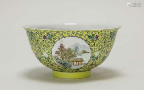 Chinese Yellow Glazed Famille Rose Porcelain Bowl