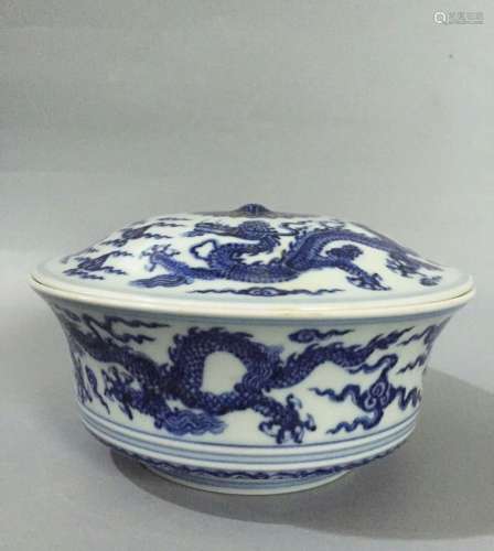 Chinese Blue/White Porcelain Covered Bowl, Marked