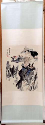 Chinese Watercolor Scroll Painting of Girls