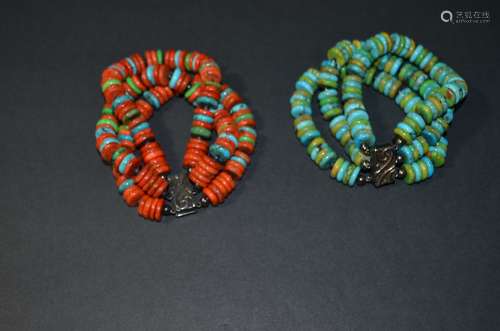 Two Chinese Style Antique Coral&Turquoise Bracelet