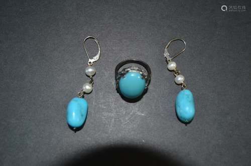 Set of Turquoise Ring&Ear Ring with Pearl,925