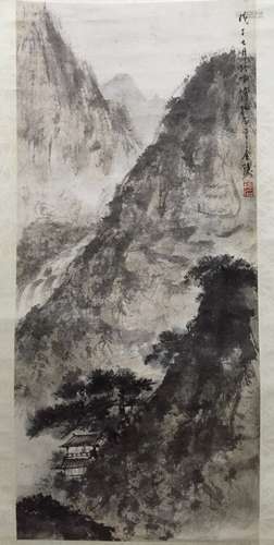 Chinese Ink Landscape Scroll Painting, Signed