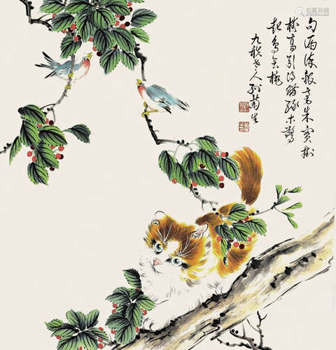 孙菊生《猫趣图》设色纸本镜芯