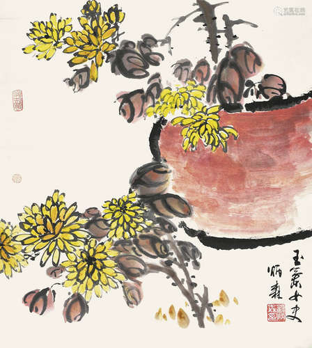 刘炳森《盆菊》设色纸本镜片