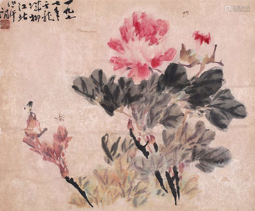 萧朗 花鸟 托片 设色纸本