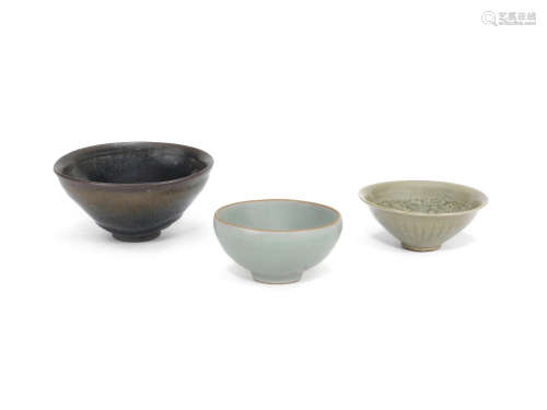 A Jianyao 'hare's-fur' tea bowl, A small Yaozhou celadon-glazed bowl and a Longquan celadon-glazed bowl