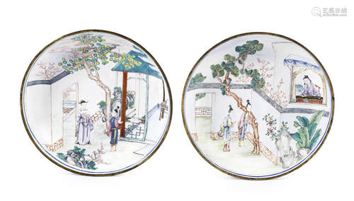 A pair of painted enamel 'Romance of the Western Chamber' dishes