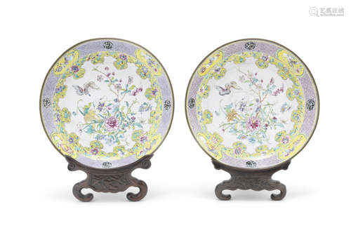 A pair of painted enamel 'floral' dishes